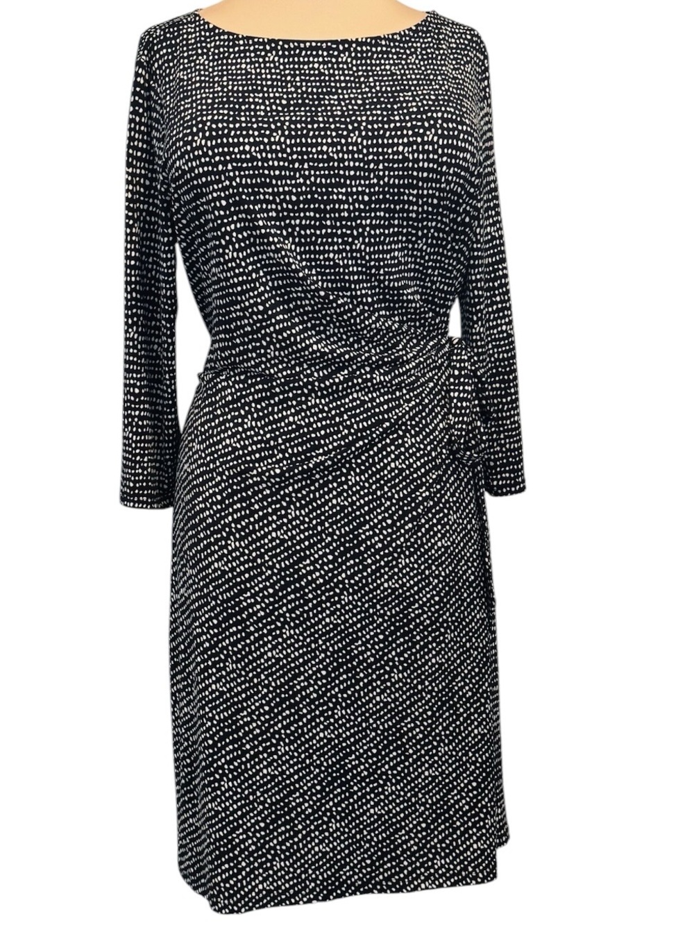 Anne Taylor black white drape tie waist midi long sleeve dress XL